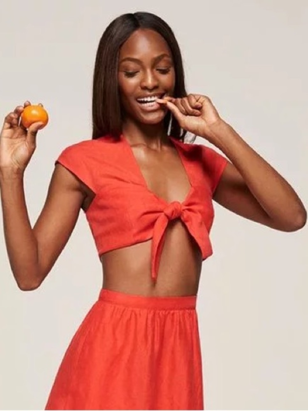 Reformation Coral Red Tie-Front Crop Top
